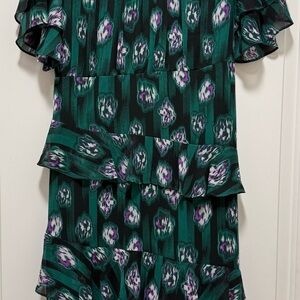 Green & Black Ruffle Dress with Purple Accents